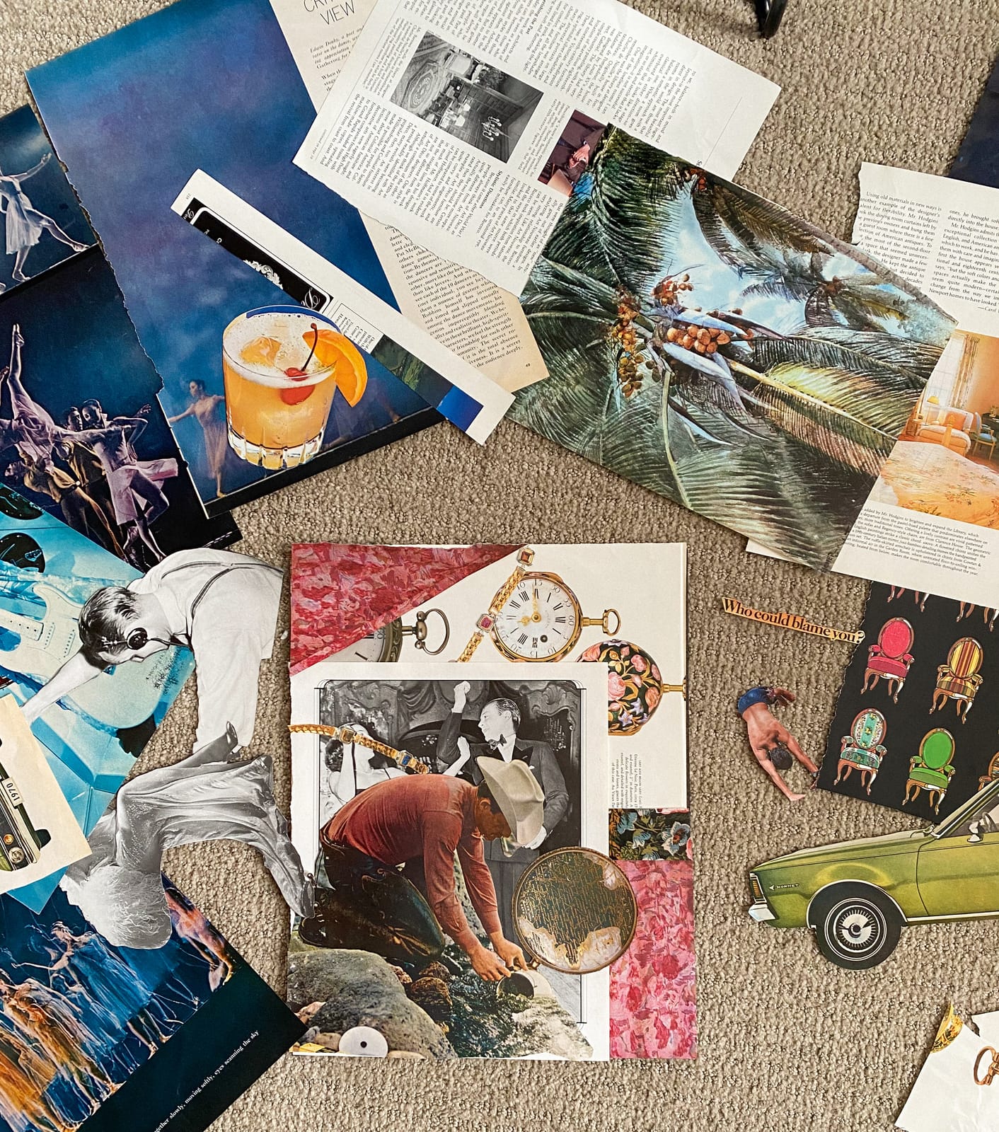 An analog collage of vintage magazine cut-outs and typography