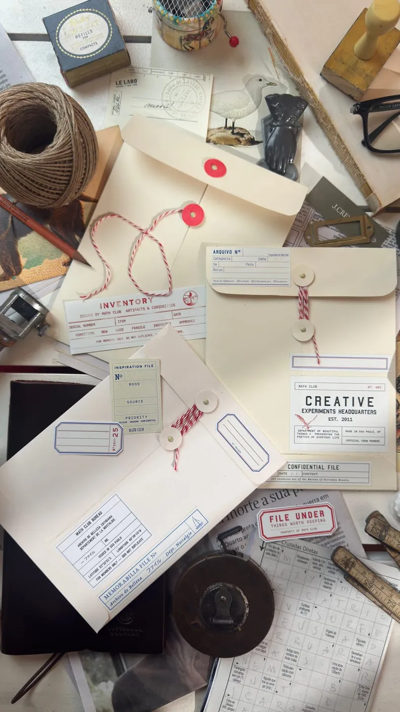 A flatlay 'inspiration file' of collected references, envelopes, and ephemera for a mood board
