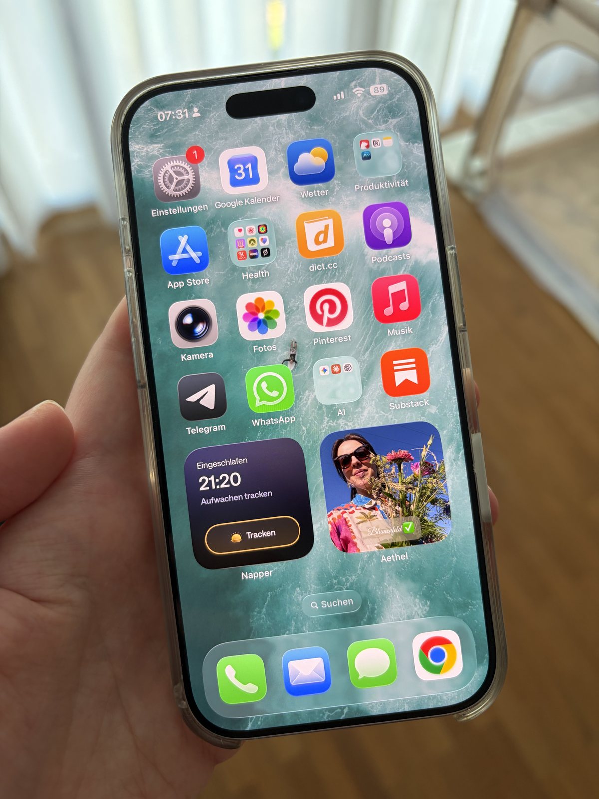An iPhone home screen with a summer bucket list as an Aethel widget, showing the flower field wish