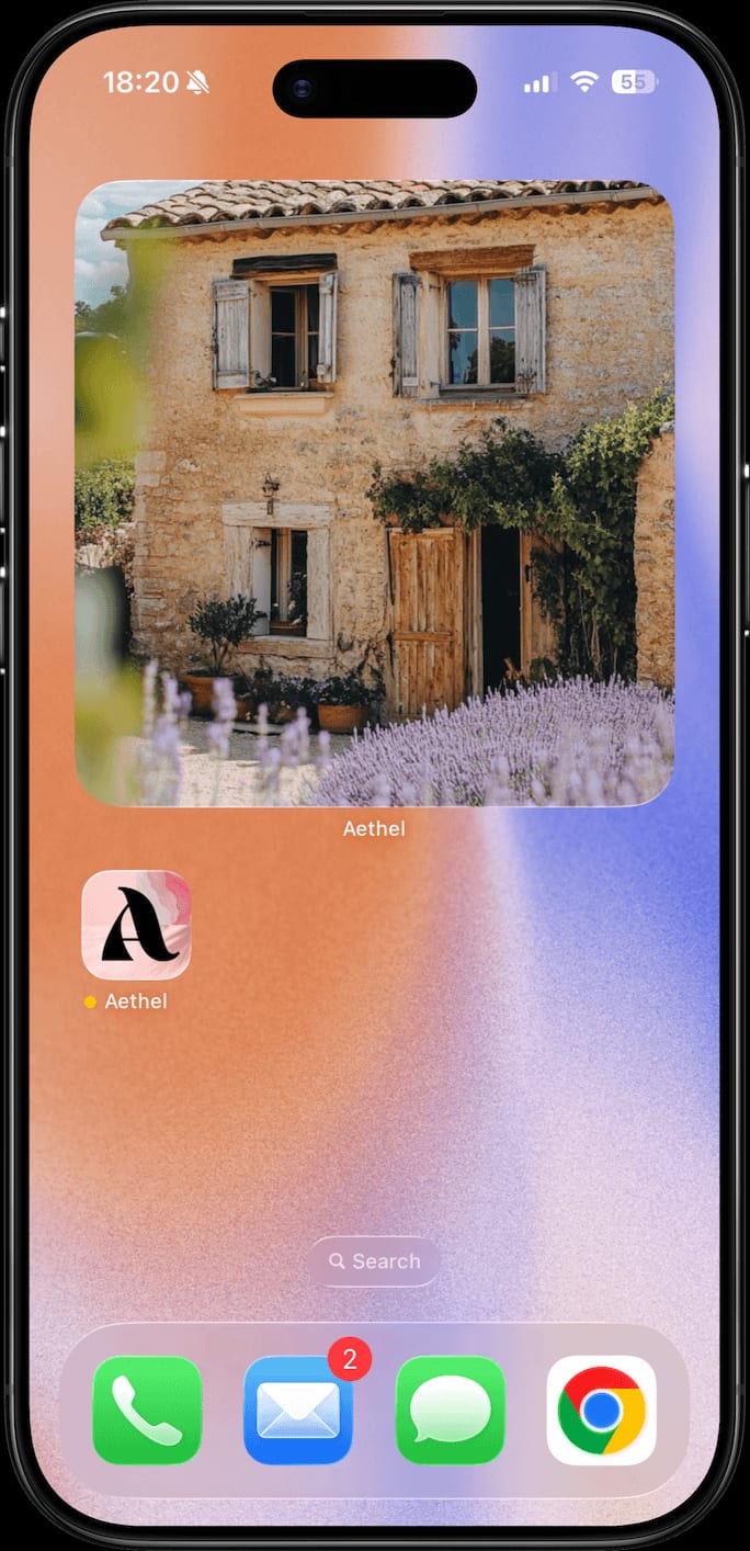 A large Aethel mood board widget on an iPhone home screen showing a dreamy cottage scene