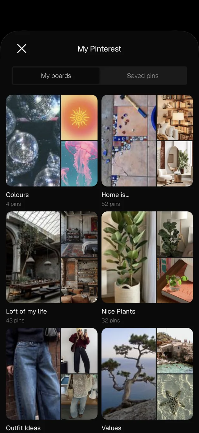 Browsing your own Pinterest boards and saved pins inside the Aethel app on iPhone