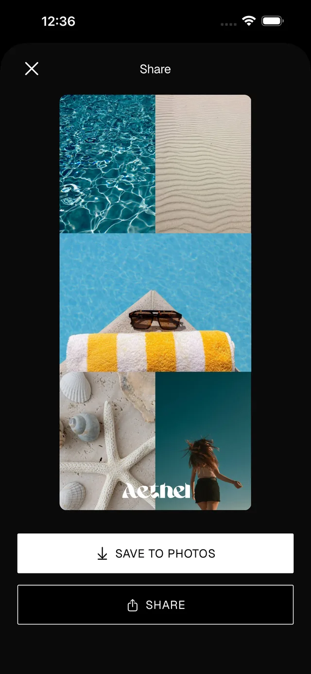 Saving a finished Aethel mood board to your iPhone photos to use it as a wallpaper or lock screen
