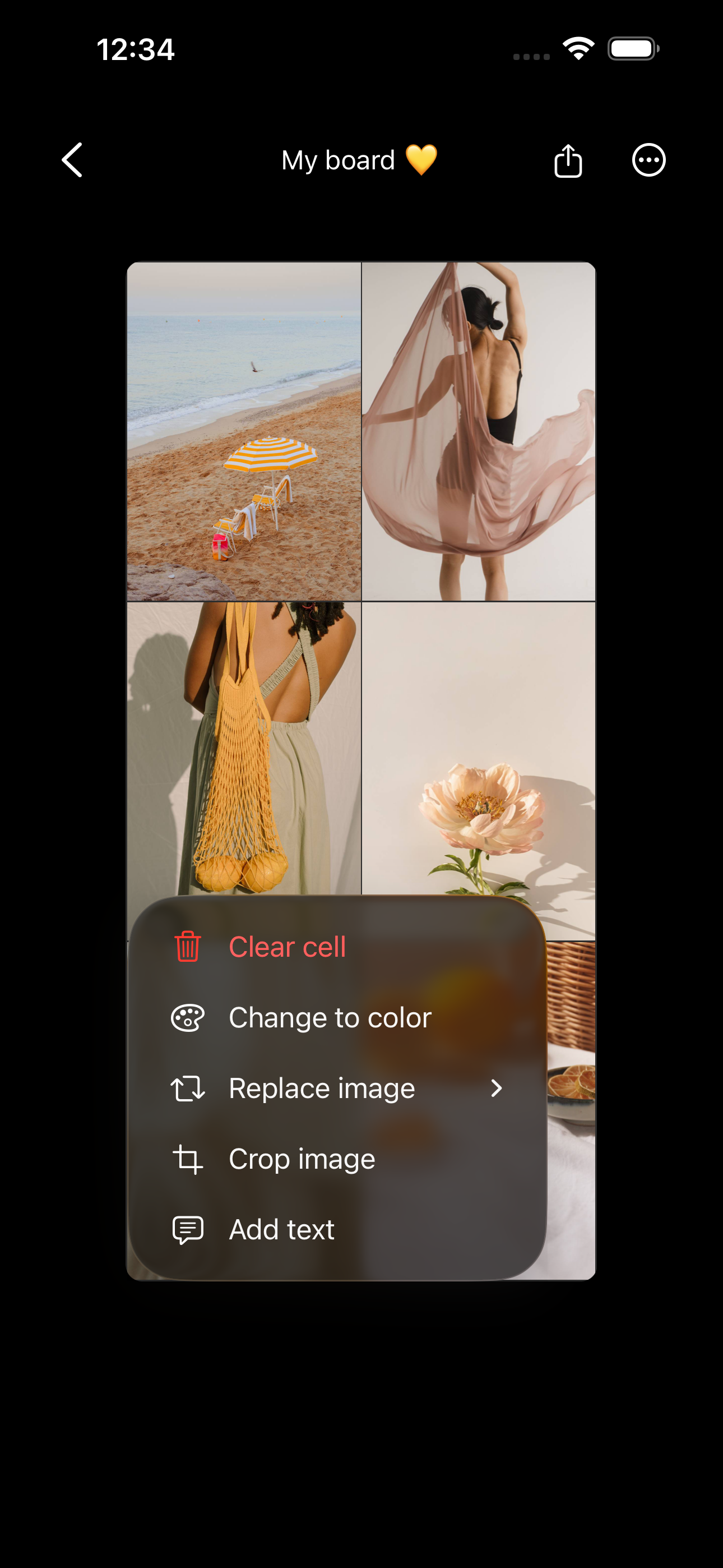 Editing a vision board cell in the Aethel app — Change to color, Replace image, and Add text
