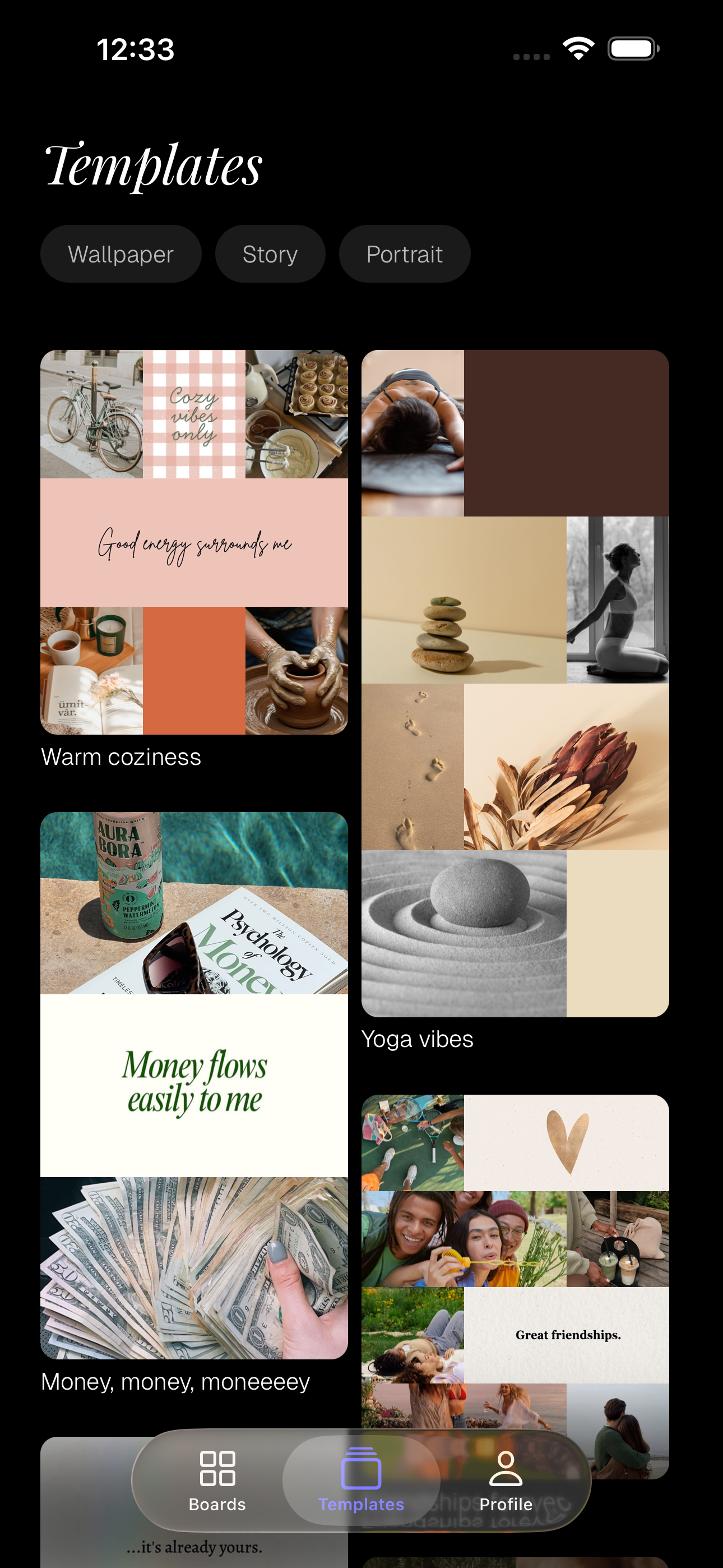 The templates gallery in the Aethel app, with ready-made vision boards